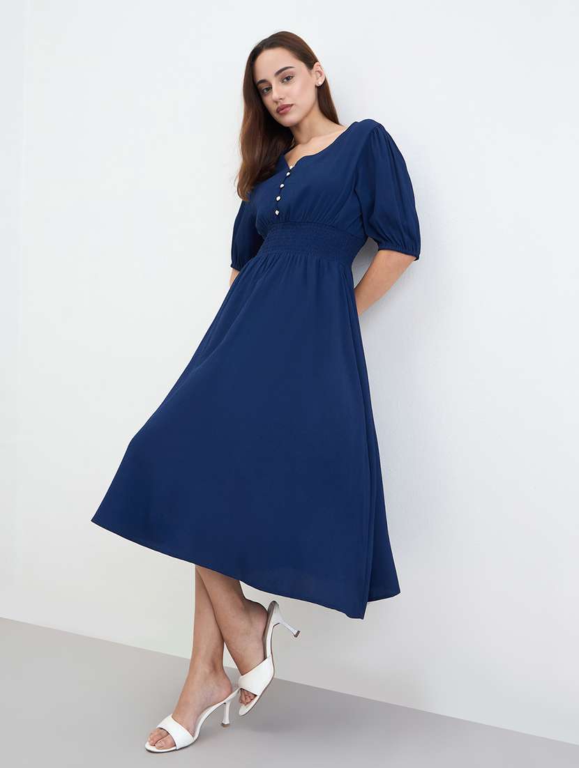 women solid puff sleeve fit & flare dress - 22285425 -  Standard Image - 1