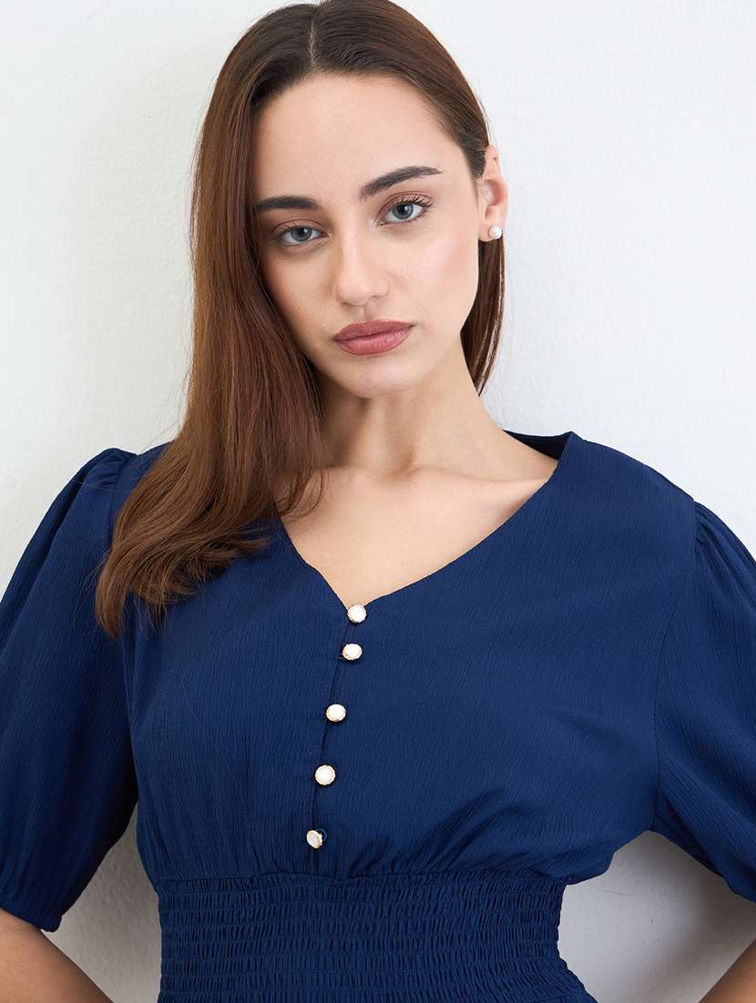 women solid puff sleeve fit & flare dress - 22285425 -  Standard Image - 4