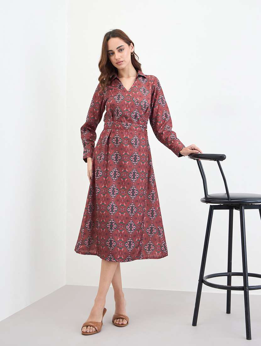women printed collared puff sleeve a-line dress