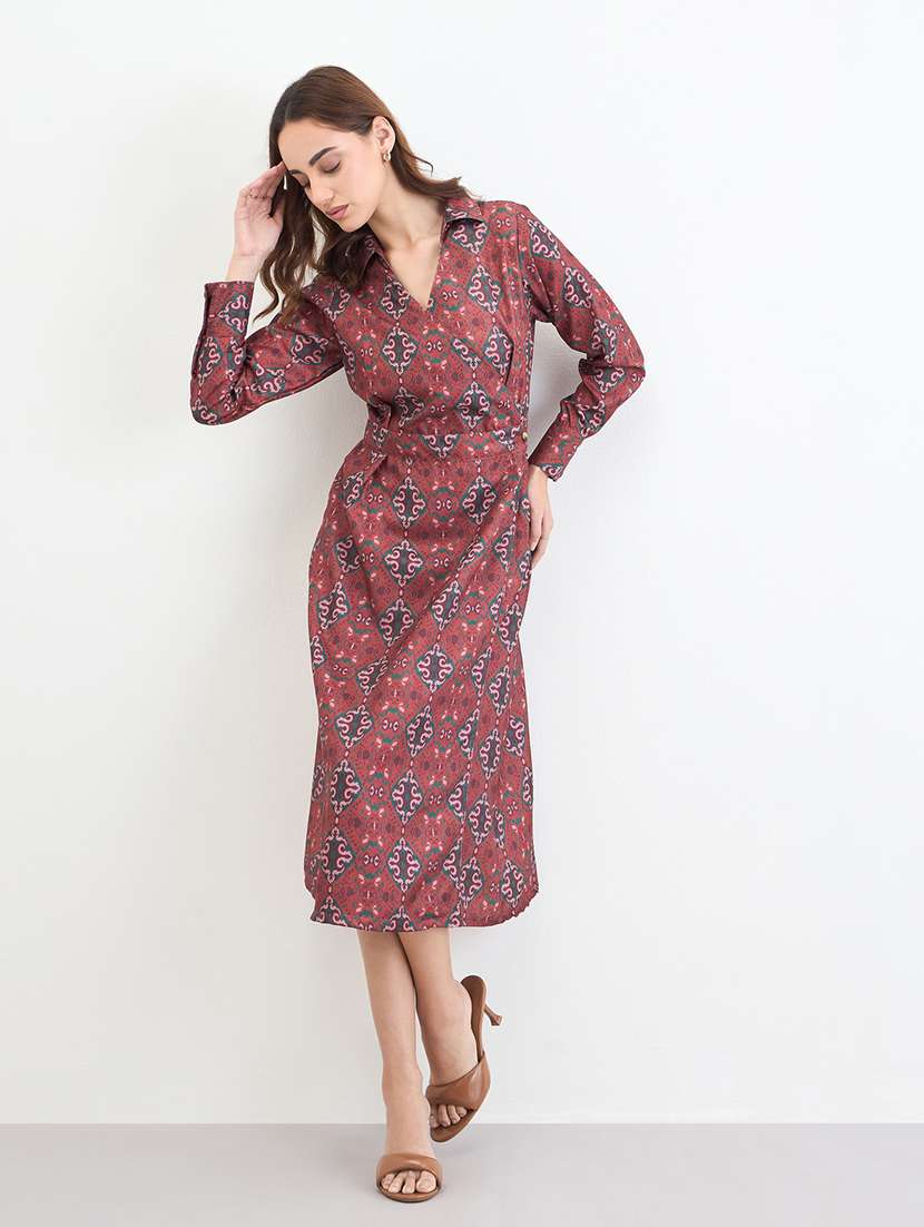 women printed collared puff sleeve a-line dress - 22285426 -  Standard Image - 1