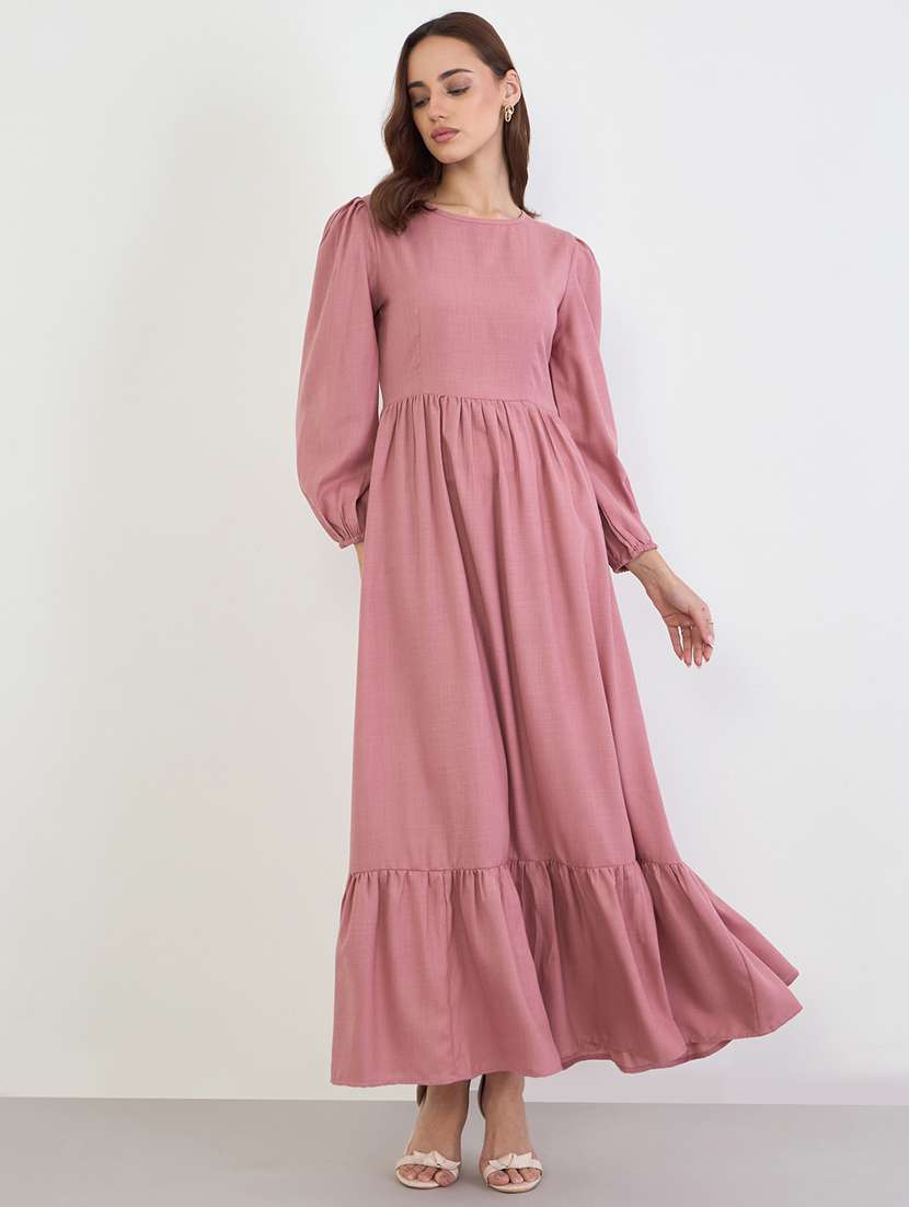 women solid puff sleeve tiered dress