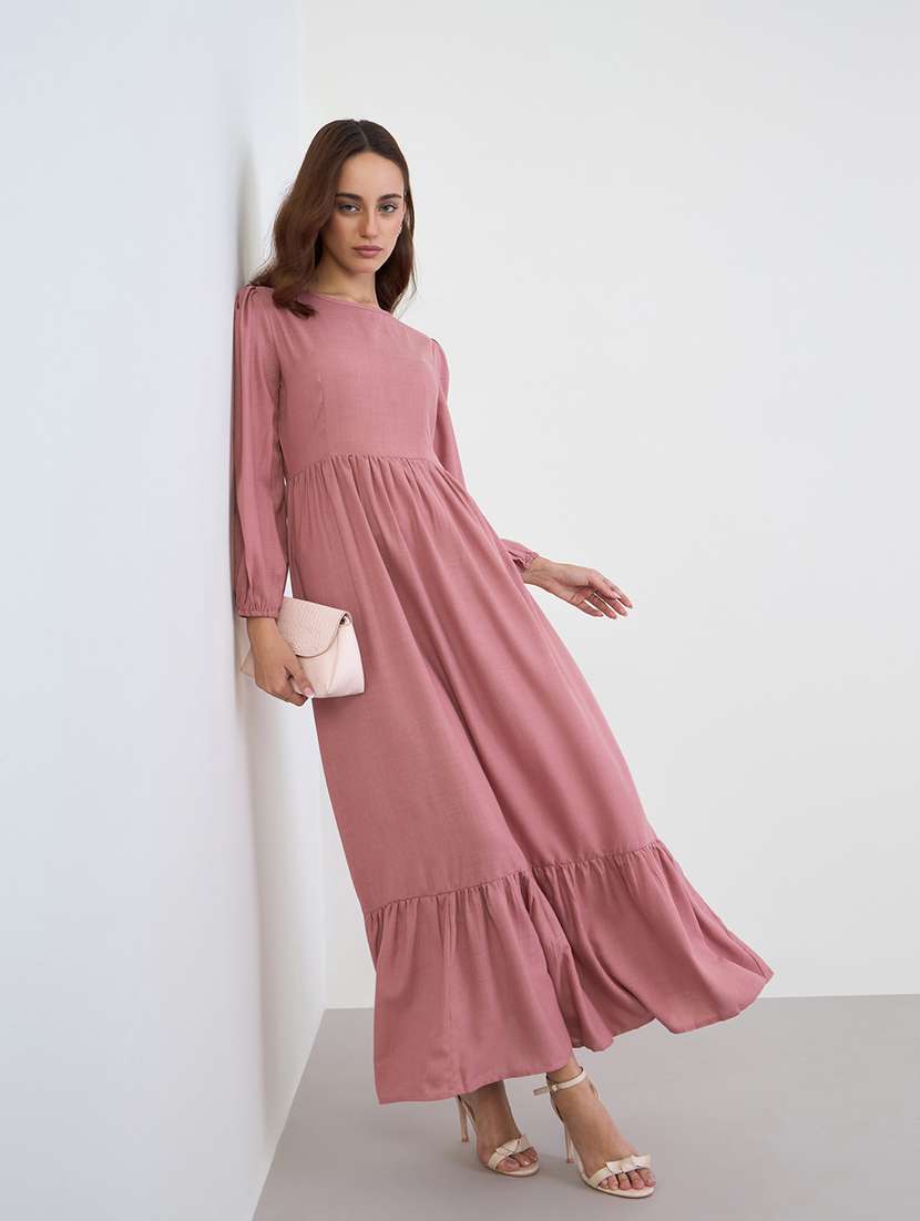 women solid puff sleeve tiered dress - 22285429 -  Standard Image - 1