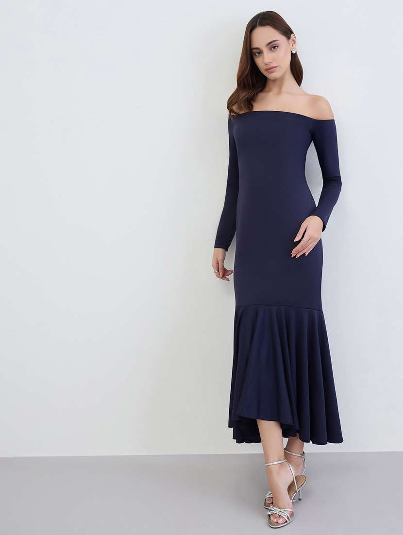 women solid off shoulder long sleeve bodycon dress