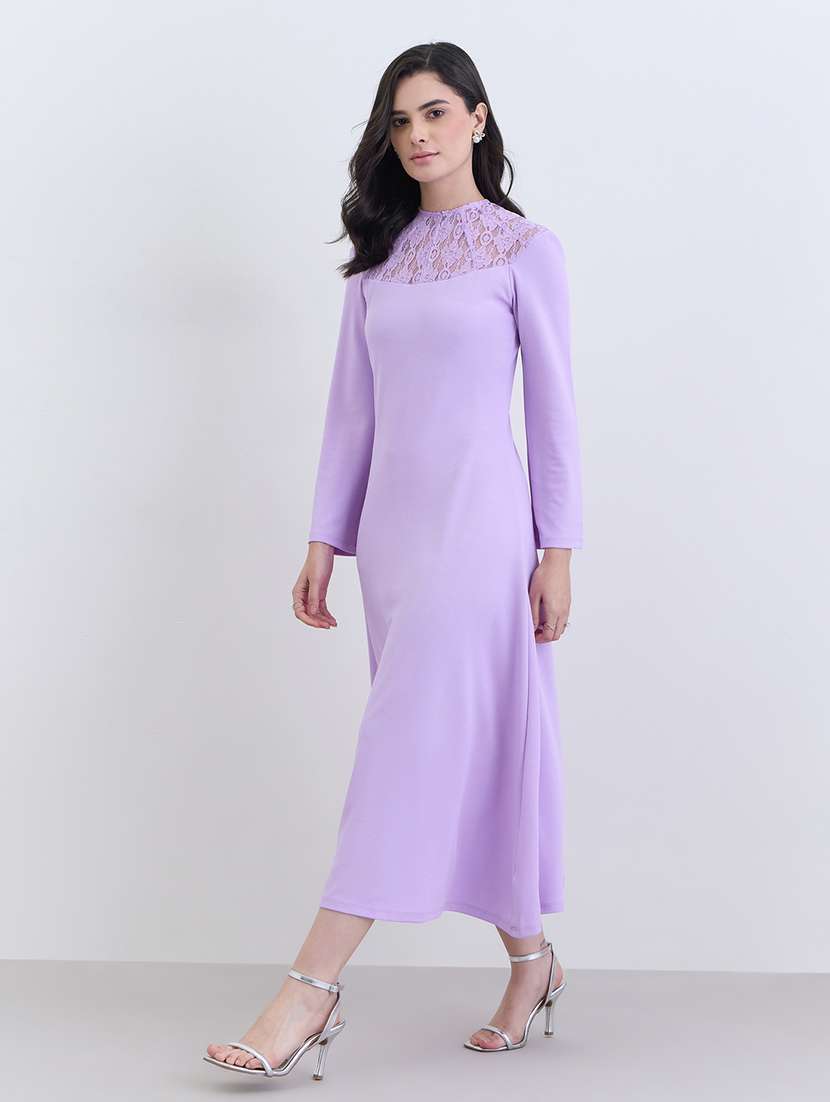 women solid long sleeve lace a-line dress - 22285431 -  Standard Image - 1