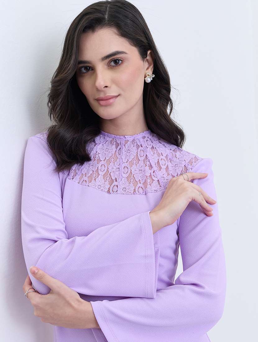 women solid long sleeve lace a-line dress - 22285431 -  Standard Image - 4