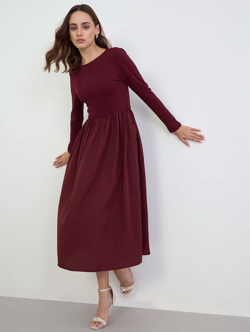 women solid long sleeve fit & flare dress - 22285432 -  Standard Image - 1