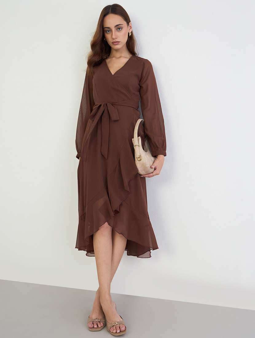 women solid puff sleeve wrap dress - 22285438 -  Standard Image - 1