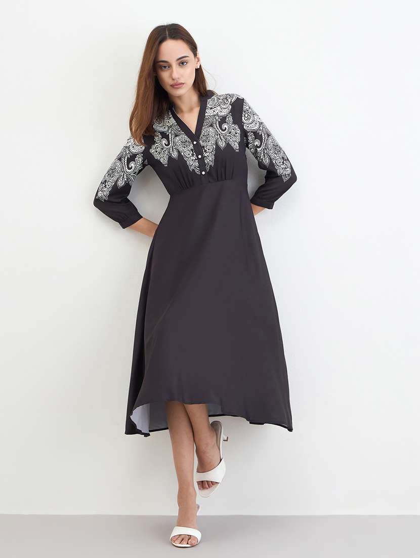 women printed long sleeve a-line dress