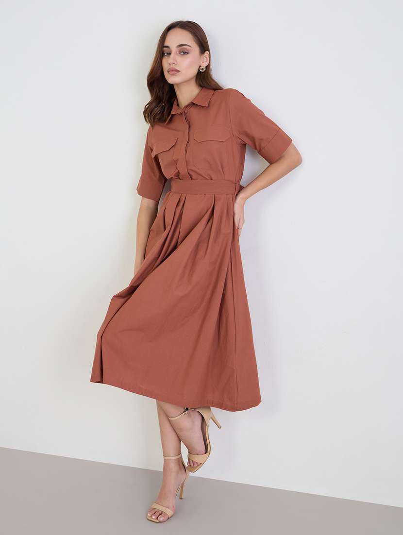 women solid collared short sleeve a-line dress - 22285446 -  Standard Image - 1