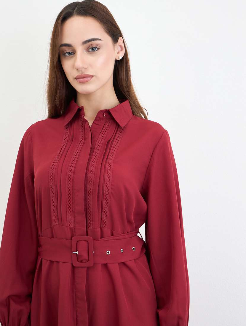 women solid collared long sleeve belted shirt dress - 22285448 -  Standard Image - 4