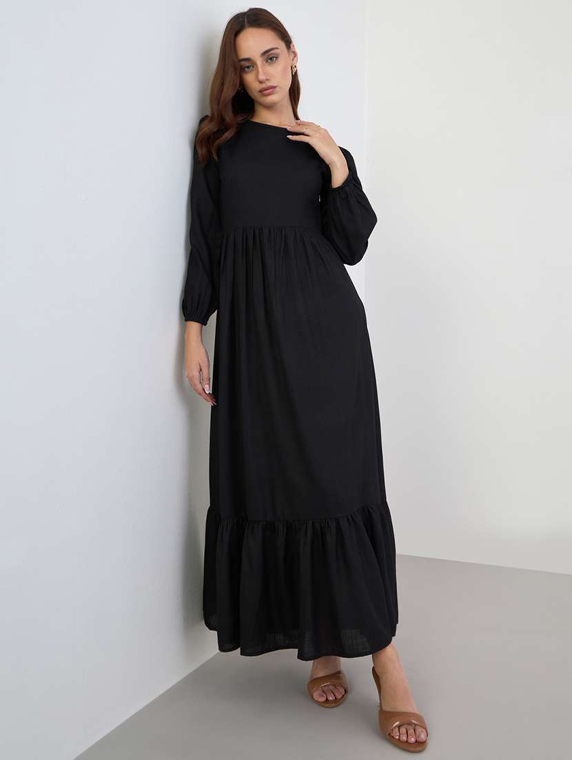 women solid puff sleeve tiered dress - 22285449 -  Standard Image - 1