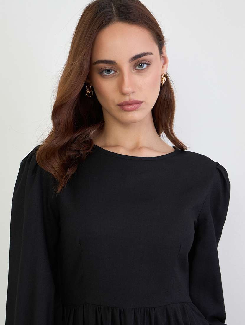 women solid puff sleeve tiered dress - 22285449 -  Standard Image - 4