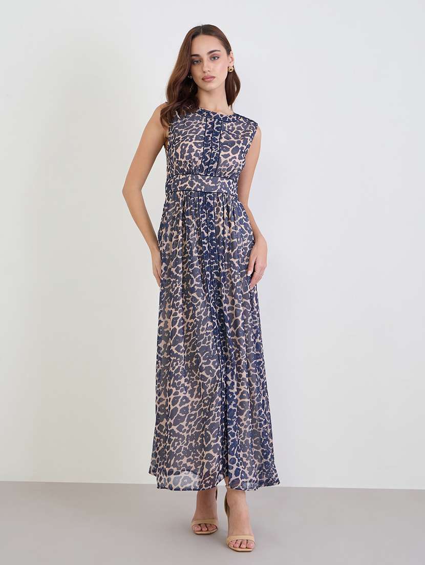 women animal print sleeveless fit & flare dress