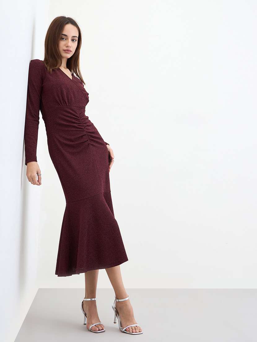 women solid overlap neck long sleeve bodycon dress - 22285453 -  Standard Image - 1