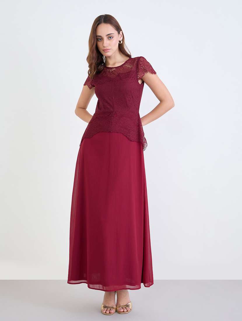 women solid cap sleeve lace a-line dress