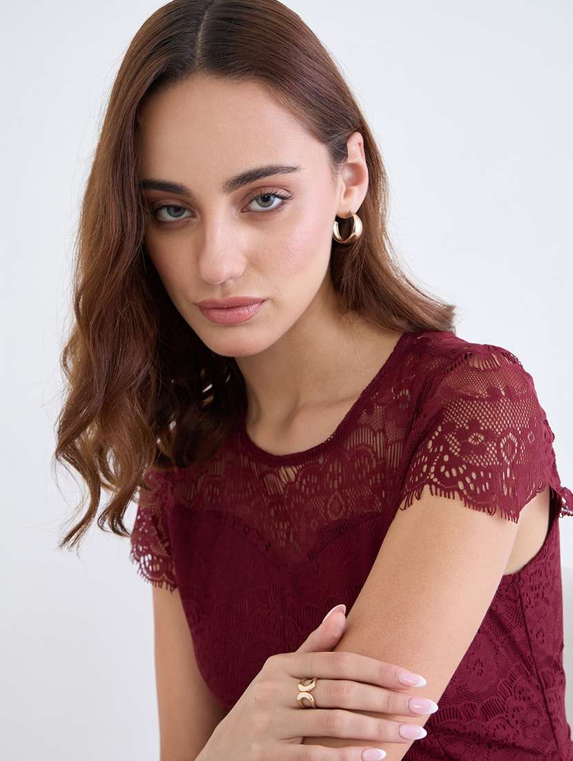 women solid cap sleeve lace a-line dress - 22285461 -  Standard Image - 4