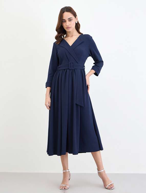 women solid long sleeve wrap dress