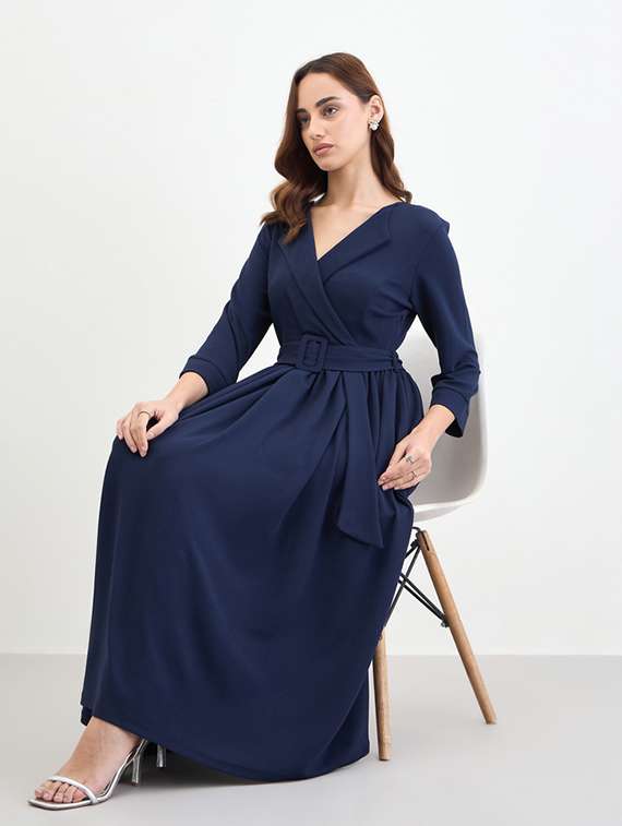 women solid long sleeve wrap dress - 22285462 -  Standard Image - 1