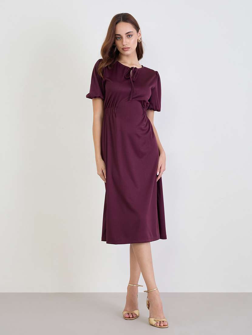 women solid puff sleeve a-line dress - 22285466 -  Standard Image - 1