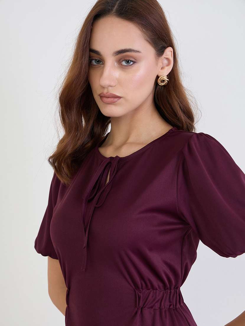 women solid puff sleeve a-line dress - 22285466 -  Standard Image - 4