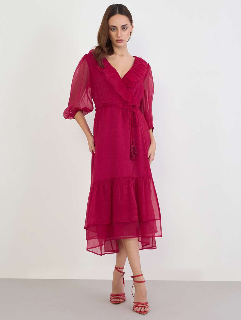women solid puff sleeve wrap dress