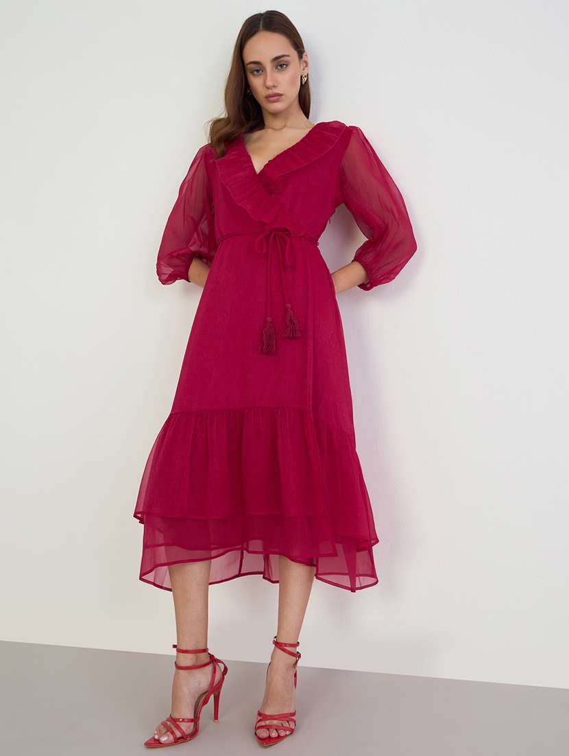 women solid puff sleeve wrap dress - 22285467 -  Standard Image - 1