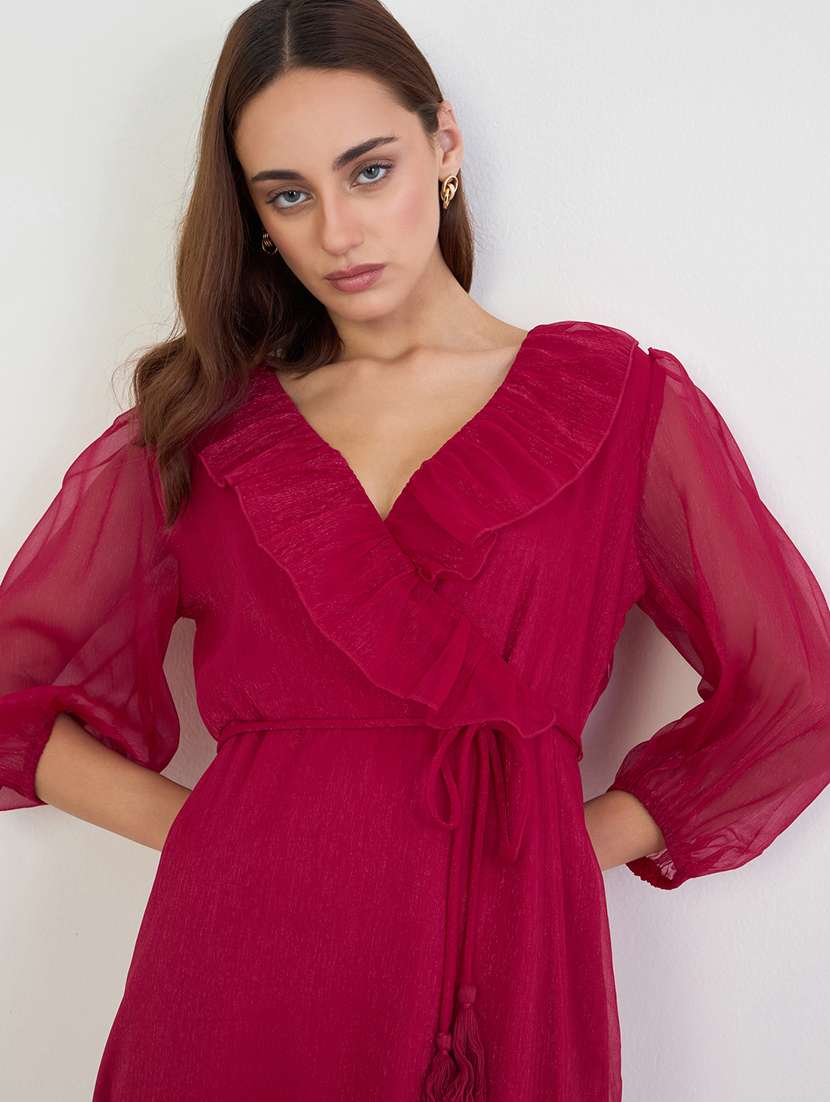 women solid puff sleeve wrap dress - 22285467 -  Standard Image - 4