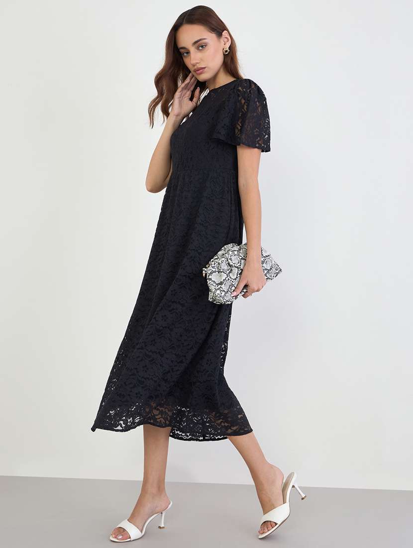 women solid puff sleeve lace a-line dress - 22285468 -  Standard Image - 1