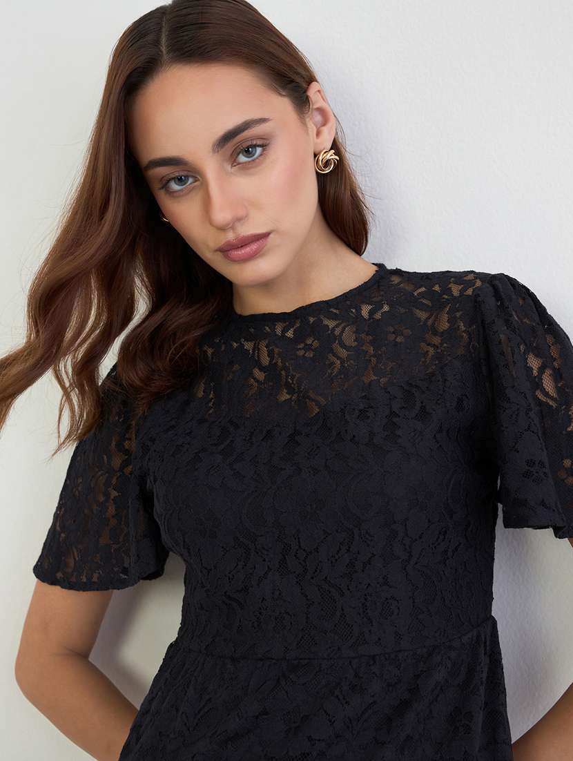 women solid puff sleeve lace a-line dress - 22285468 -  Standard Image - 4