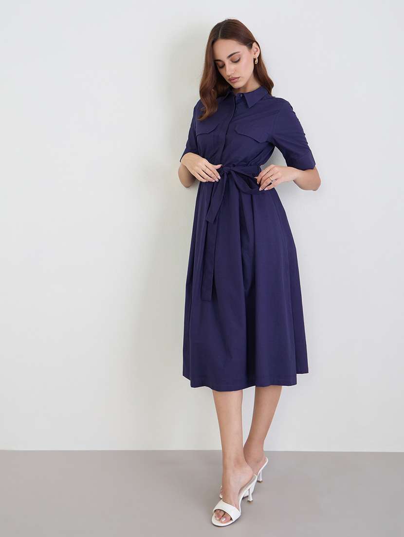 women solid collared short sleeve flared dress