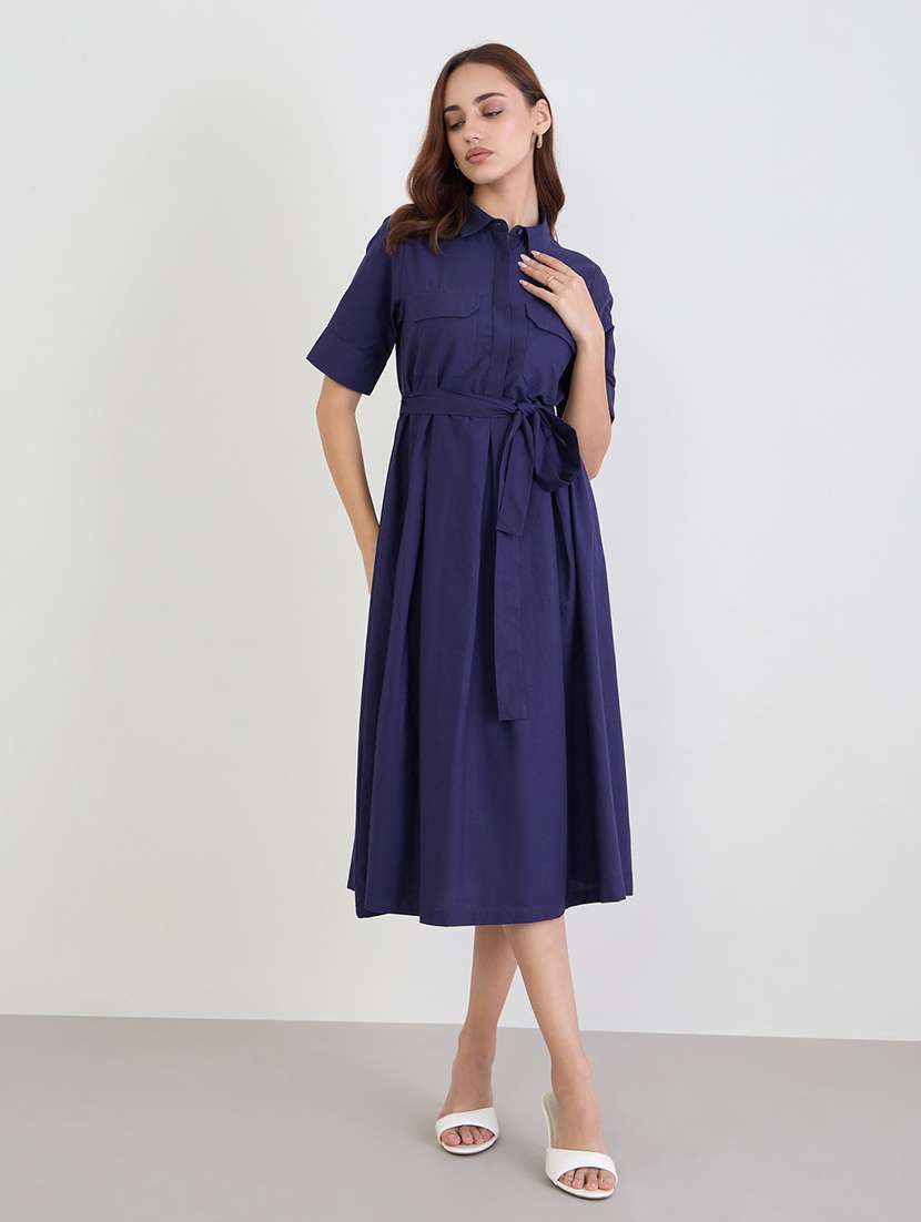 women solid collared short sleeve flared dress - 22285471 -  Standard Image - 1