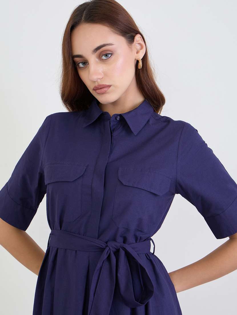 women solid collared short sleeve flared dress - 22285471 -  Standard Image - 4