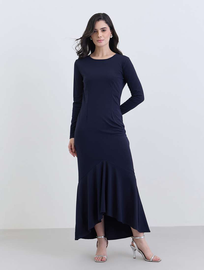 women solid long sleeve a-line dress