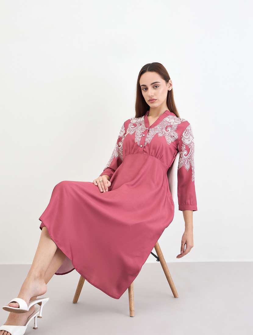 women printed mandarin neck flared dress - 22285476 -  Standard Image - 1