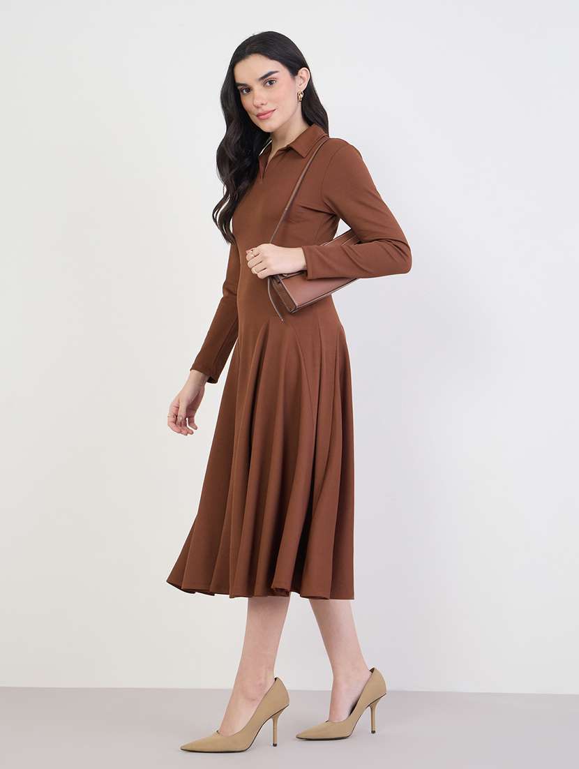 women solid collared long sleeve a-line dress - 22285478 -  Standard Image - 1