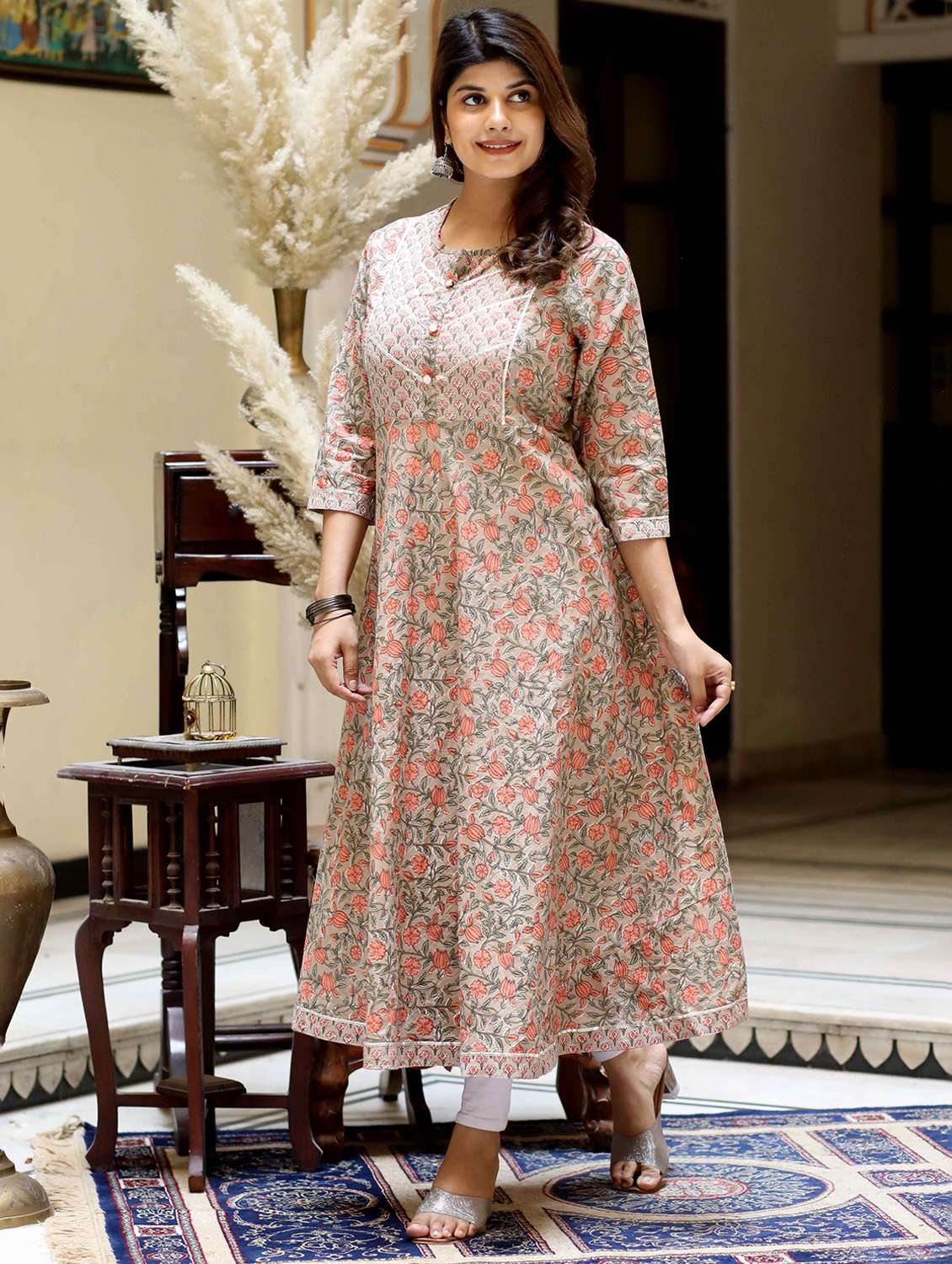women printed three quarter sleeve anarkali kurta - 22285505 -  Standard Image - 1