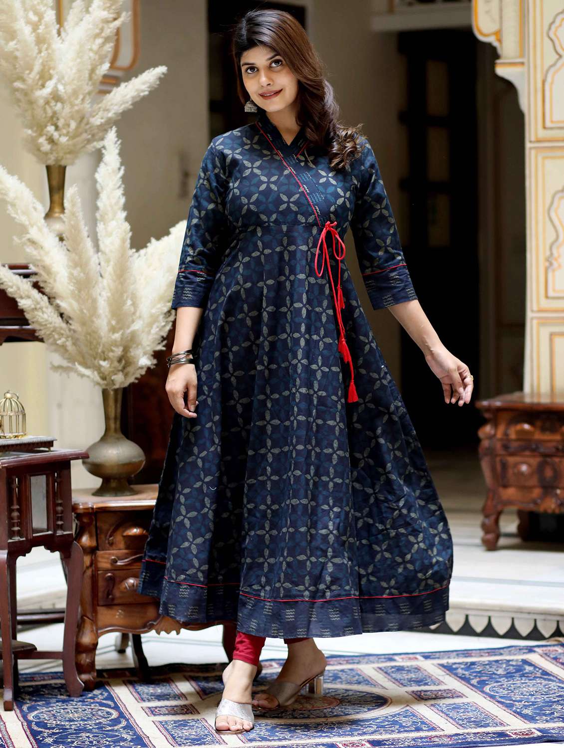 women printed three quarter sleeve angrakha kurta - 22285509 -  Standard Image - 1