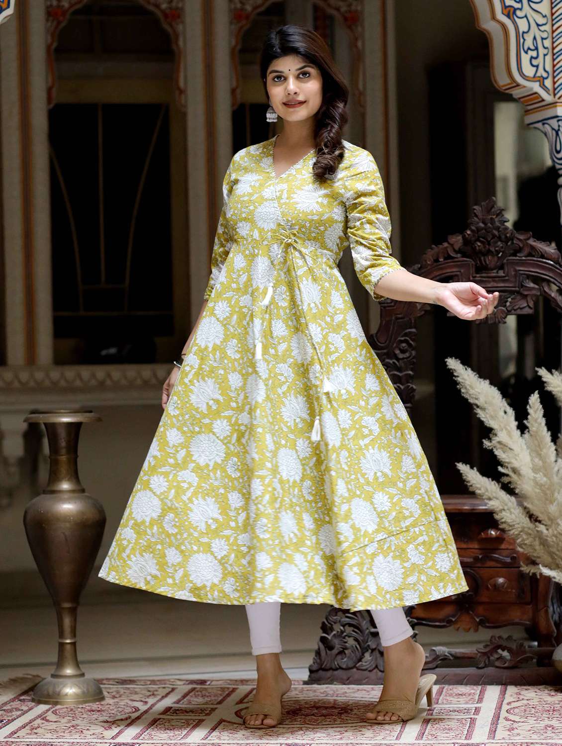 yellow cotton anarkali women printed three quarter sleeve anarkali kurta - 22285512 -  Standard Image - 1