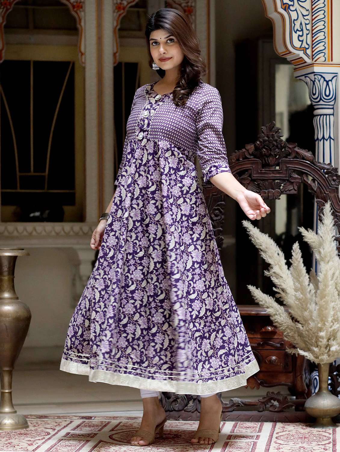 women printed three quarter sleeve anarkali kurta - 22285517 -  Standard Image - 1
