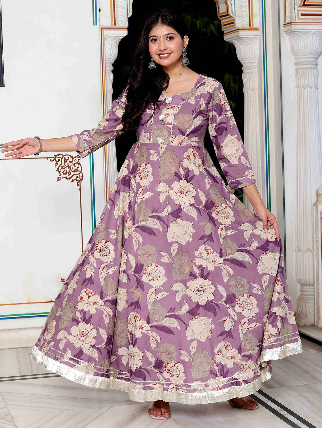 women printed three quarter sleeve anarkali kurta - 22285518 -  Standard Image - 1