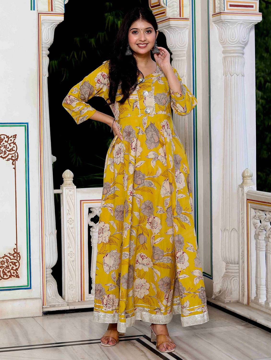 women printed three quarter sleeve anarkali kurta
