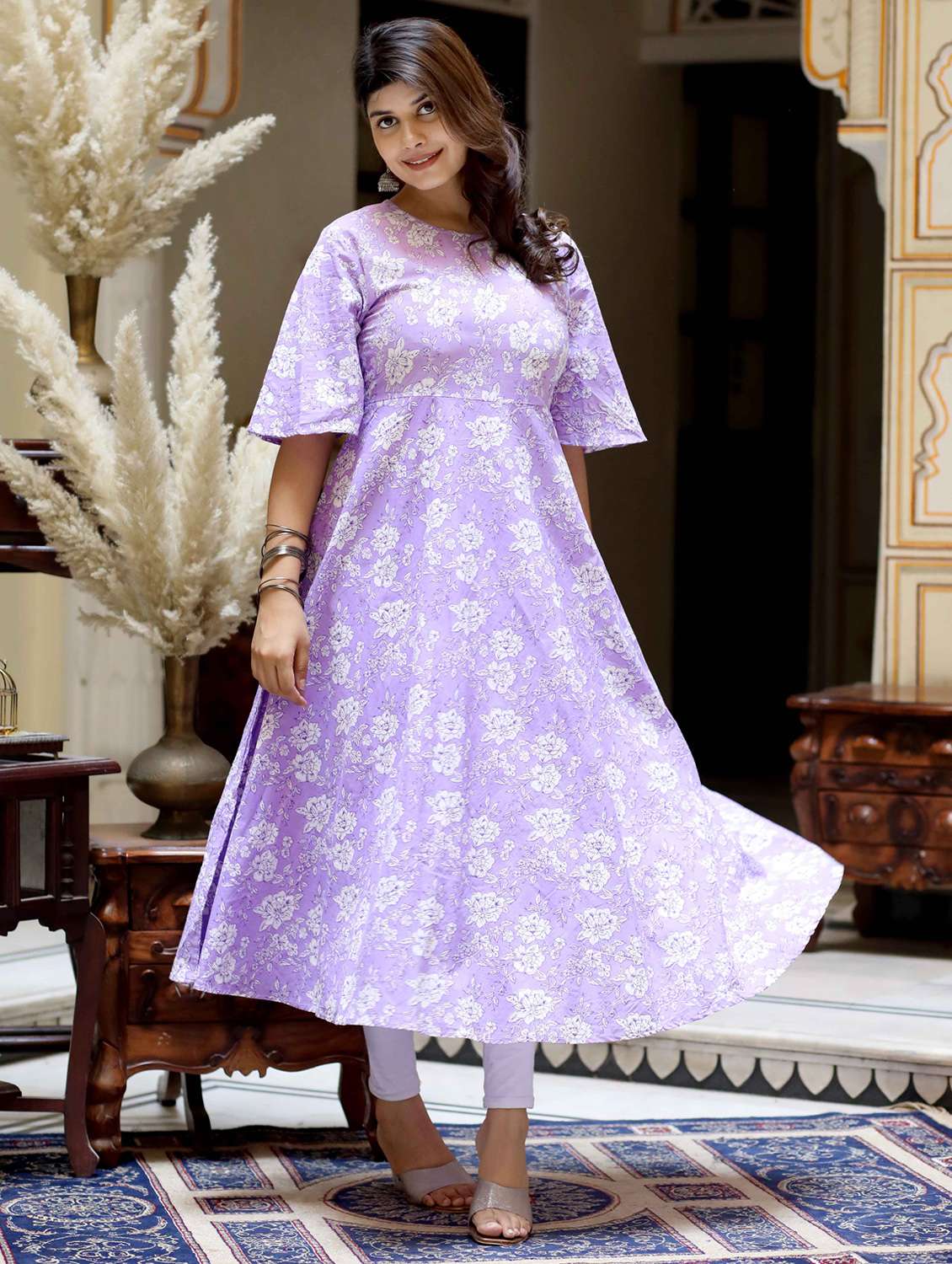 women printed three quarter sleeve anarkali kurta