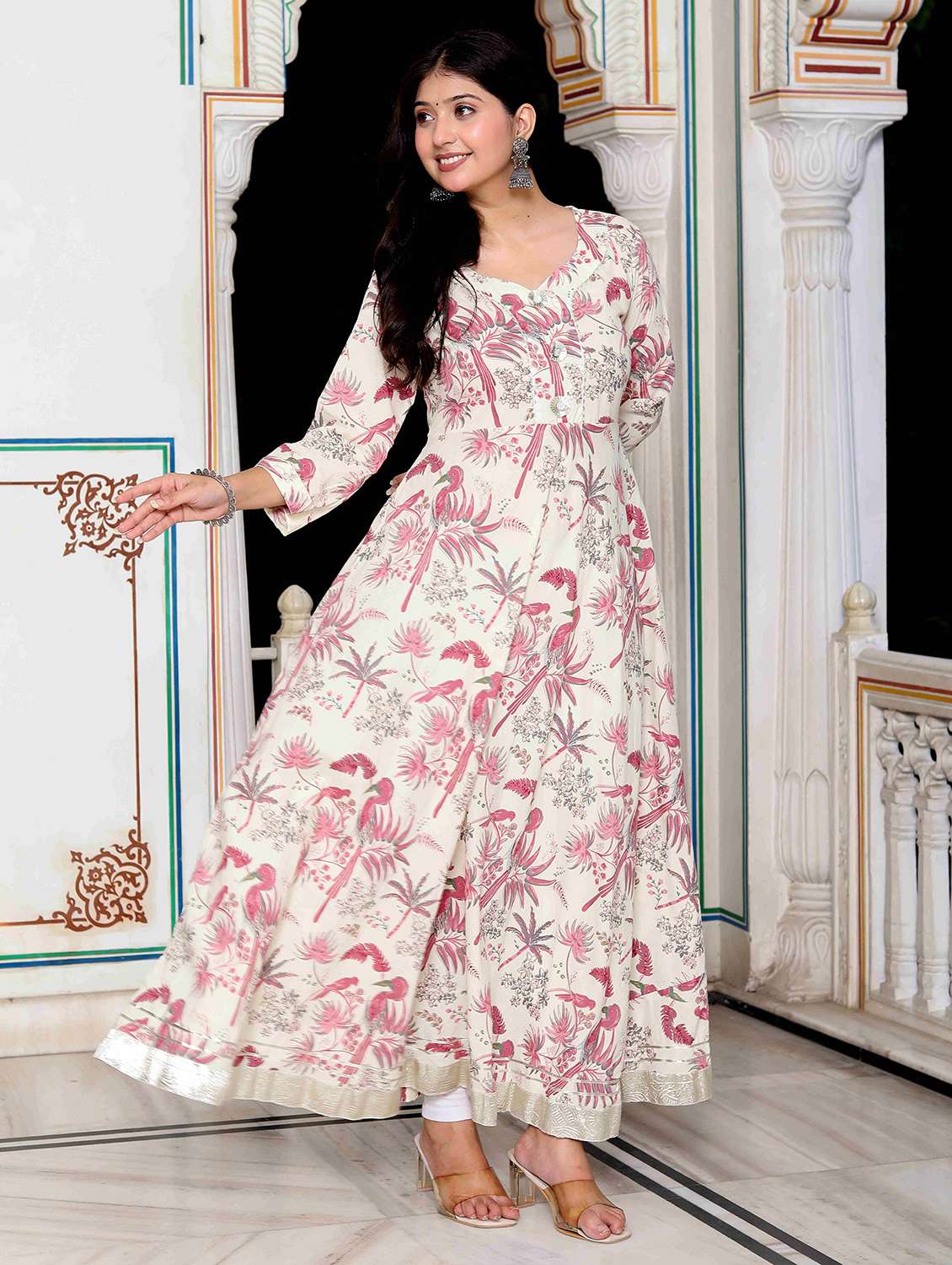 women printed three quarter sleeve anarkali kurta