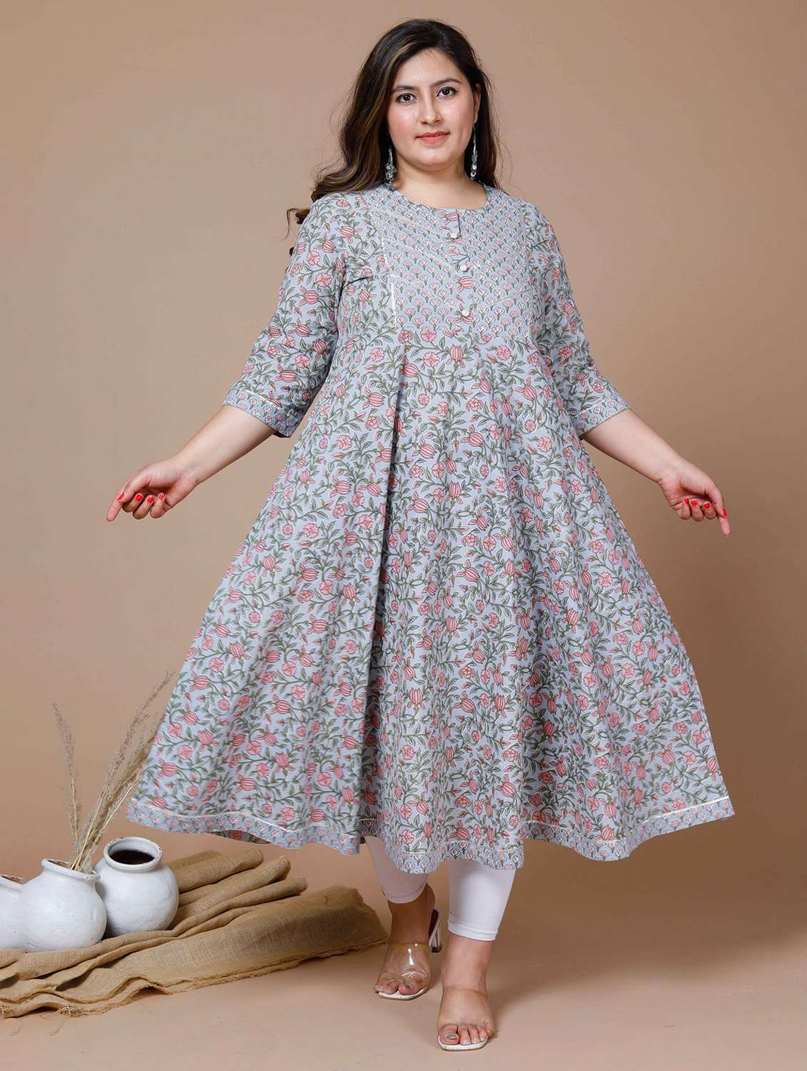 women printed three quarter sleeve anarkali kurta