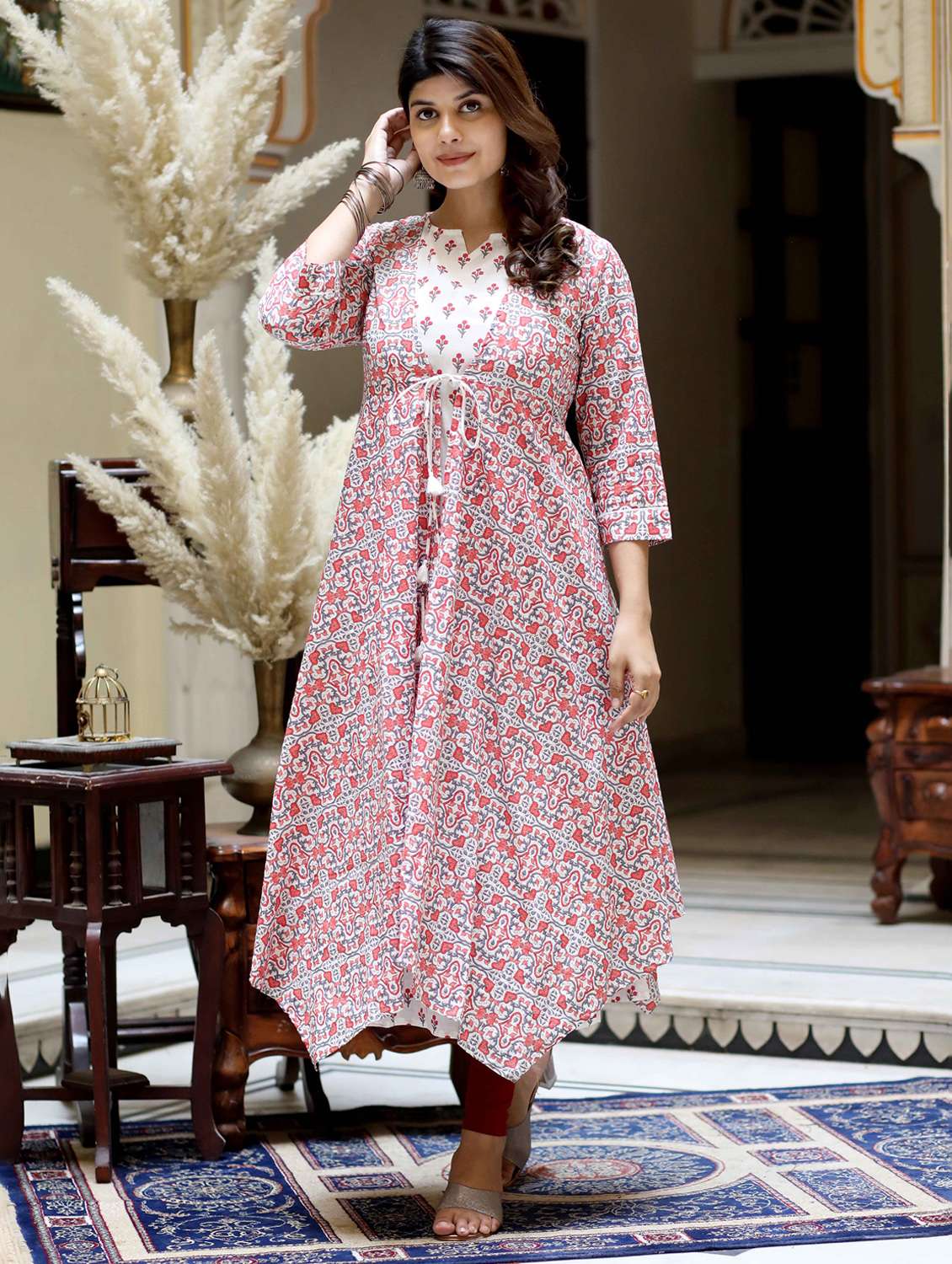 women floral printed three quarter sleeve a-line kurta