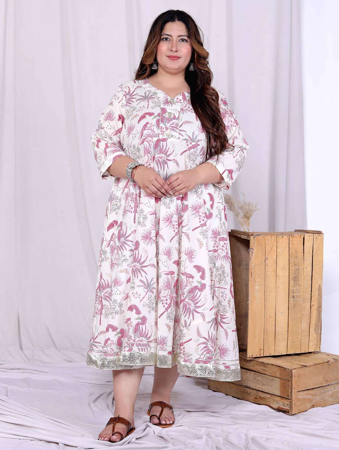 women plus size printed three quarter sleeve anarkali kurta