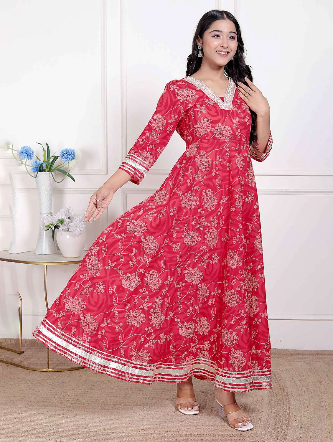 women printed three quarter sleeve anarkali kurta - 22285546 -  Standard Image - 1