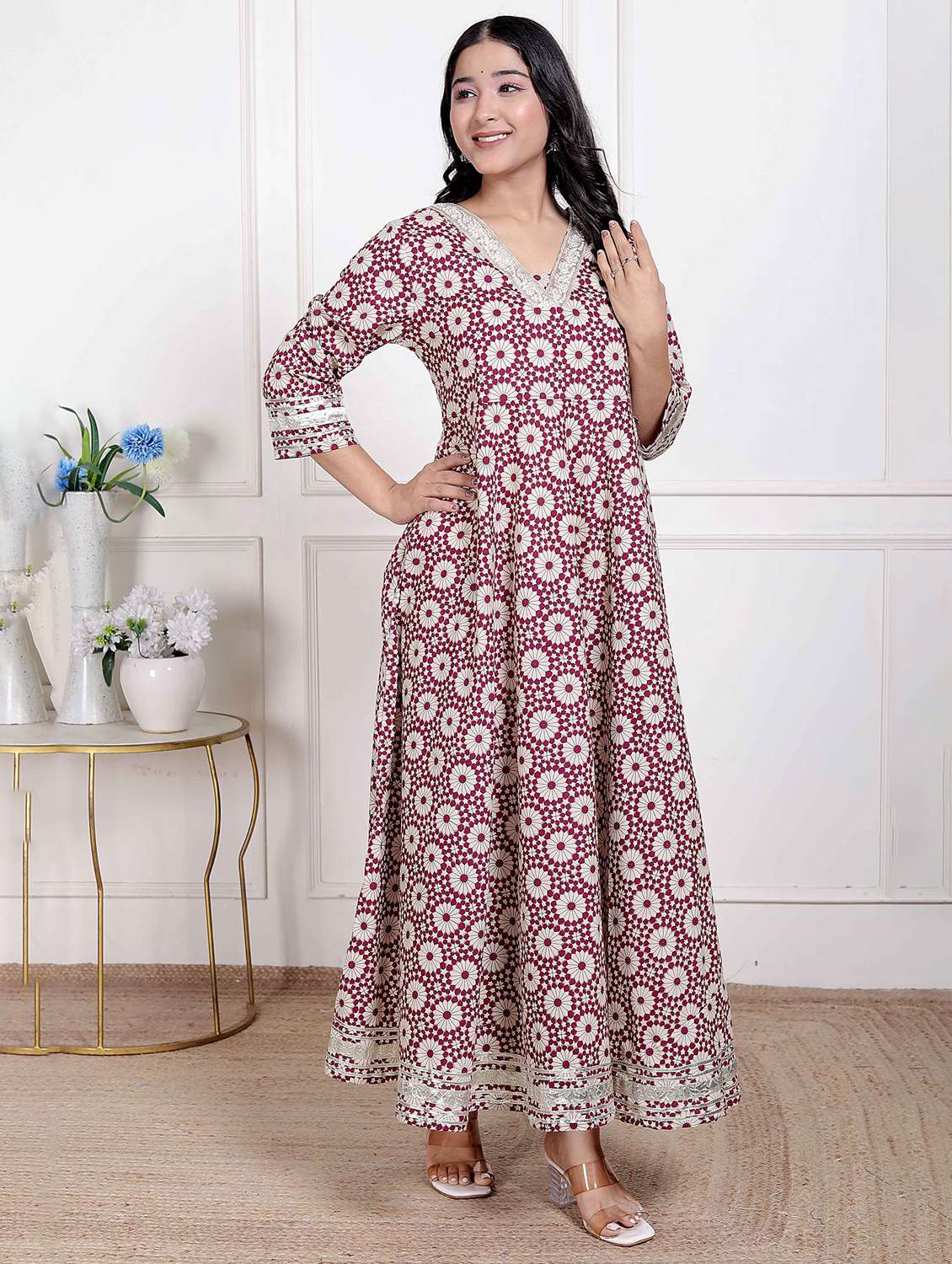 women printed three quarter sleeve anarkali kurta - 22285548 -  Standard Image - 1