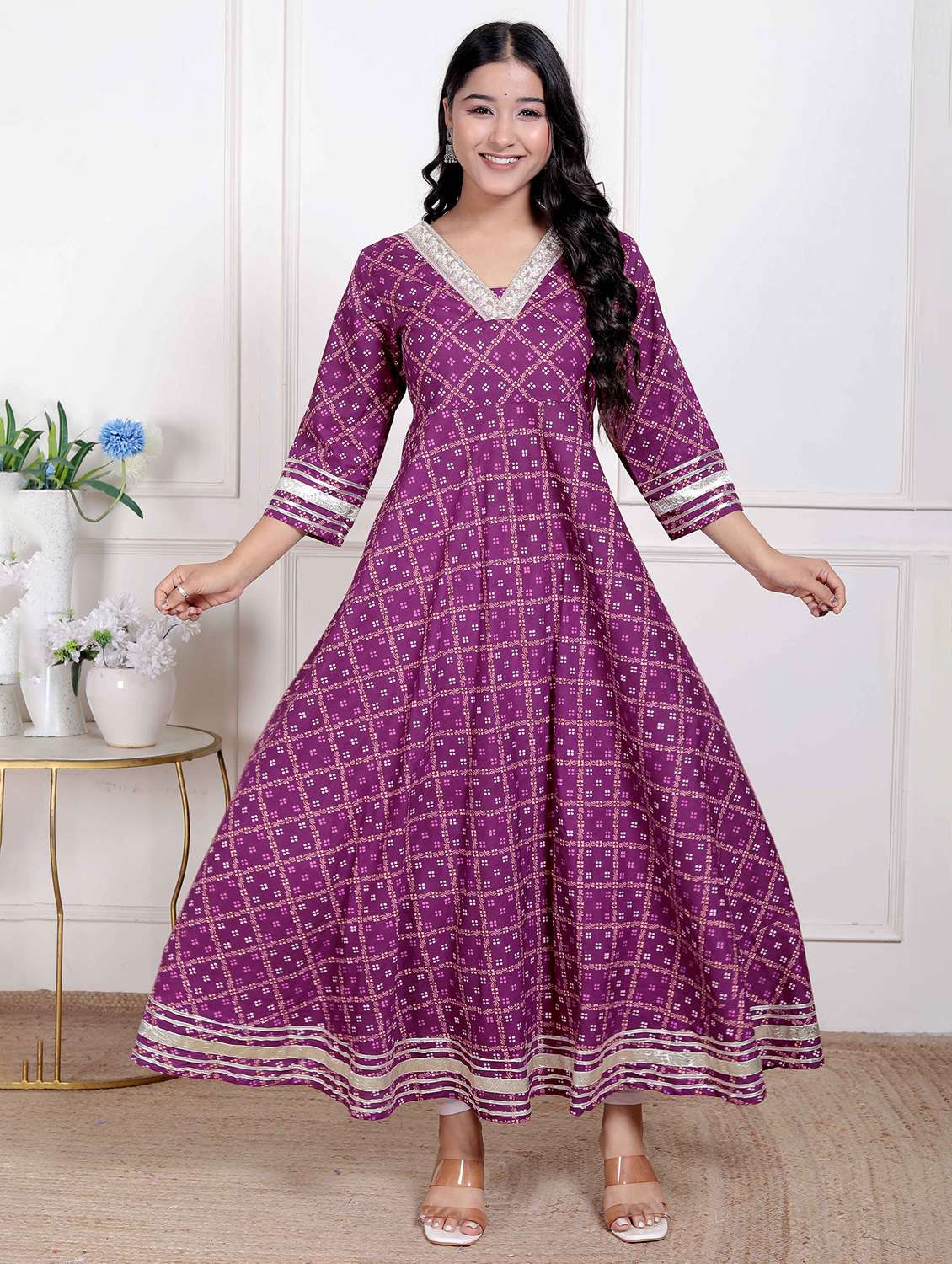 women printed three quarter sleeve anarkali kurta