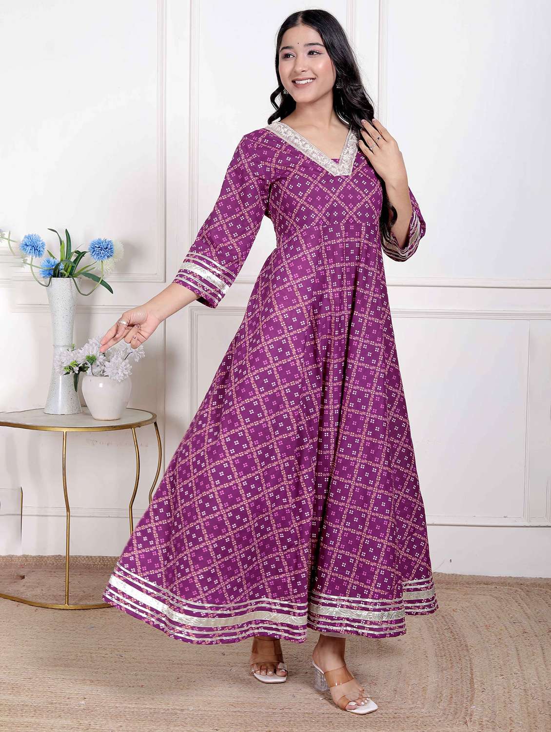 women printed three quarter sleeve anarkali kurta - 22285550 -  Standard Image - 1
